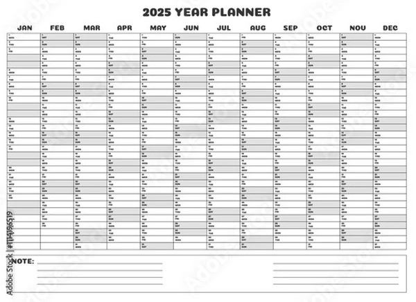 Fototapeta Planner for the year 2025, complete organizer with spaces for filling in and notes, gray markings for weekends. Great for A1 and A0 sizes