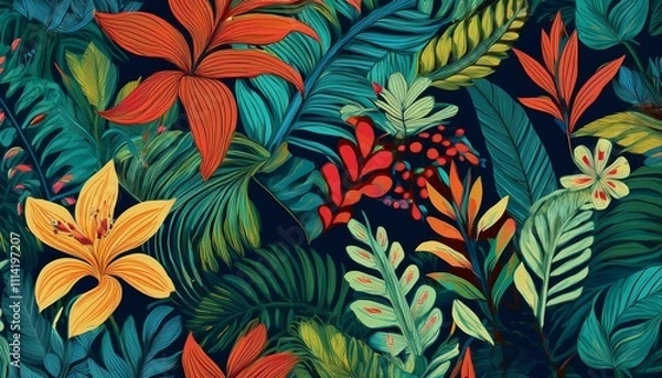 Fototapeta seamless pattern of a lush rainforest theme perfect for backgrounds and textiles featuring vibrant flora and fauna