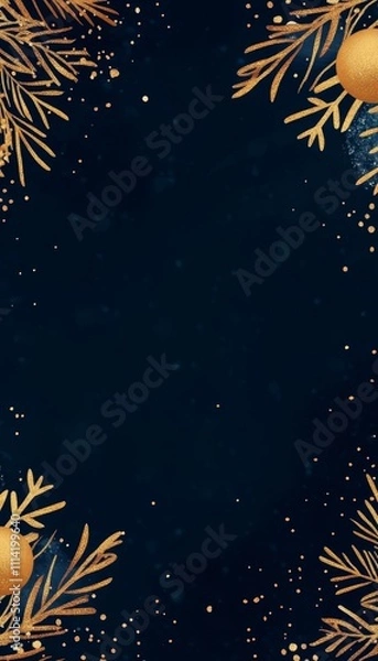 Fototapeta Elegant Christmas Frame with Golden Fir Branches and Ornaments on Blue Background with Sparkles