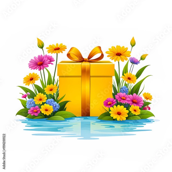 Obraz illustration of Gift Box near river surrounded by colorful flowers on white background.
