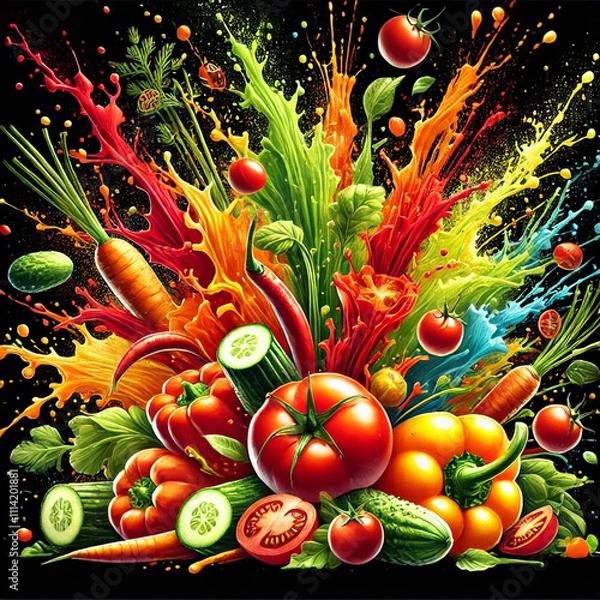 Obraz A vibrant and colorful explosion of fresh vegetables and splashes, perfect for healthy eating themes and ideas