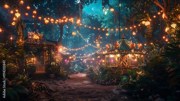 Fototapeta Enchanting Carnival Atmosphere in the Heart of a Lush Jungle Surrounded by Vibrant Lights and Nature's Beauty at Dusk