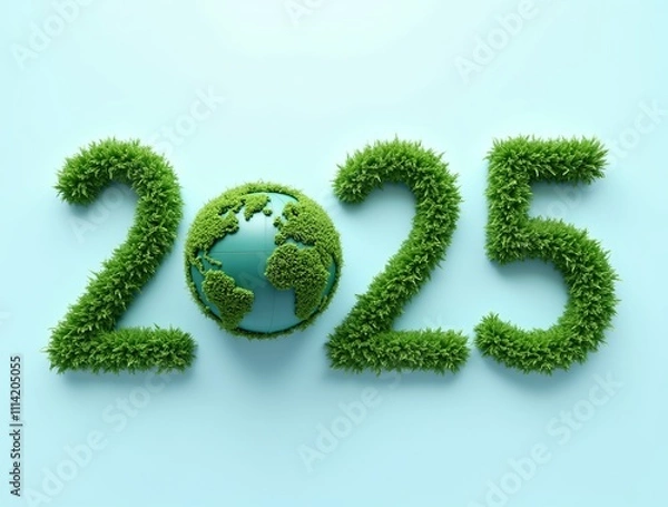Fototapeta 2025 written in green, textured numbers resembling grass or foliage, with the Earth replacing the zero, symbolizing sustainability and environmental awareness, set against a light blue background
