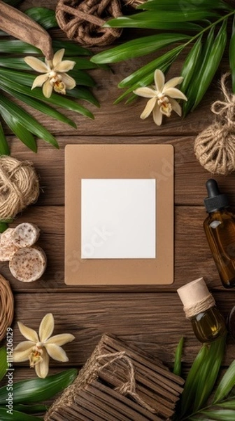 Fototapeta Organic beauty products arranged artfully on an old wooden branch with fresh flowers and leaves, creating a fresh and natural aesthetic