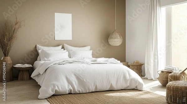 Fototapeta Minimalist beige bedroom interior with cozy white bedding