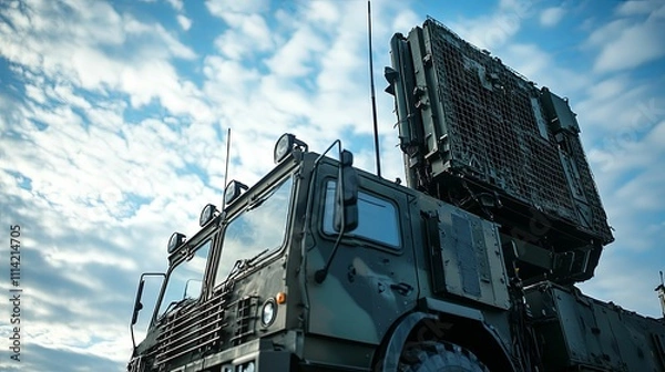 Fototapeta Military Mobile Radar System Under Cloudy Sky