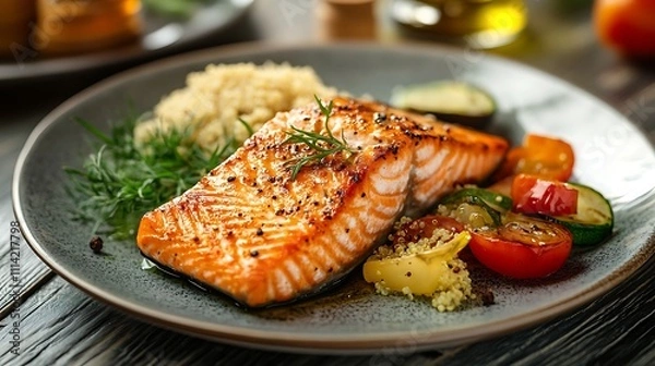 Fototapeta A healthy meal on a plate with grilled salmon, steamed vegetables, and a side of quinoa, accompanied by a small bottle of heart-healthy oil 