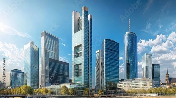 Obraz Modern skyline filled with high-rise office buildings towering against a clear blue sky.