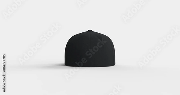 Fototapeta American-style black trucker cap with flat visor designed realistic 3D rendering. Natural textured fabric that mimics soft fleece Ideal for branding advertising or apparel design back view