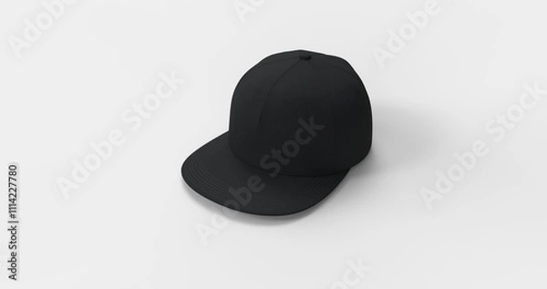 Fototapeta American-style black trucker cap with flat visor designed realistic 3D rendering. Natural textured fabric that mimics soft fleece Ideal for branding advertising or apparel design front right view