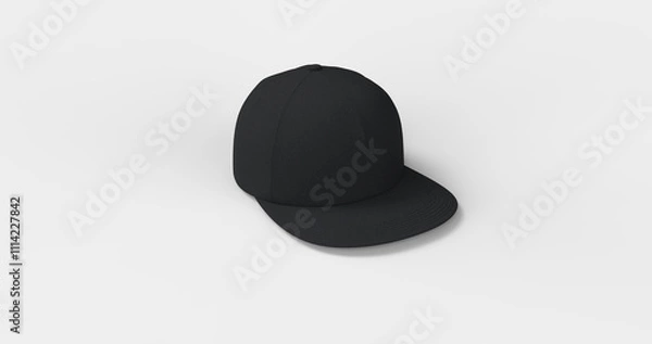 Fototapeta American-style black trucker cap with flat visor designed realistic 3D rendering. Natural textured fabric that mimics soft fleece Ideal for branding advertising or apparel design front left view