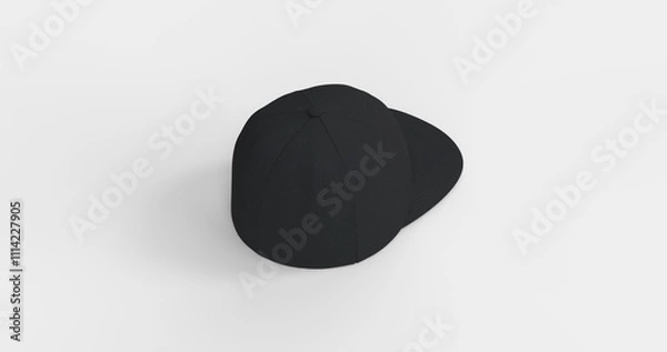 Fototapeta American-style black trucker cap with flat visor designed realistic 3D rendering. Natural textured fabric that mimics soft fleece Ideal for branding advertising or apparel design back left view