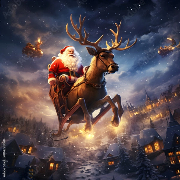 Fototapeta Fully Bright Santa Claus Flying Across the Star