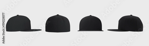 Fototapeta Collage of black trucker cap 3D renders showcasing four perspectives. Realistic fleece-textured fabric and flat visor design, ideal for branding, advertising, or fashion concepts. Modern template