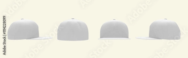 Fototapeta Collage of white trucker cap 3D renders displayed from four angles. Features realistic fleece texture and flat visor, perfect for advertising branding apparel showcases. Stylish customizable design