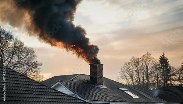 Fototapeta nasty black smoke from burning garbage in the home furnace comes out of the house s chimney