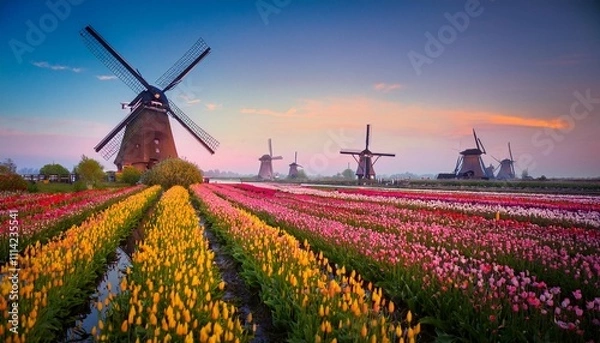 Fototapeta magical fairy fascinating landscape with windmills middle tulip field in kinderdijk netherlands at dawn meditation anti stress harmony concept