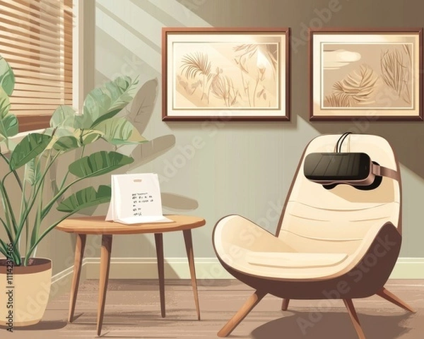 Fototapeta A serene indoor space featuring a modern chair and VR headset, with greenery and artwork enhancing the calming atmosphere.