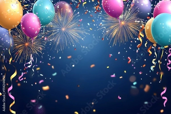 Obraz Festive balloons, fireworks, confetti on blue.