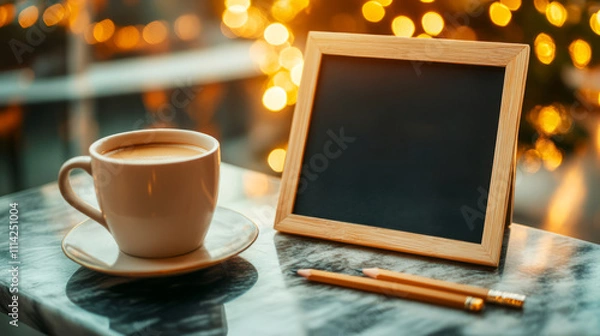 Fototapeta Cozy Coffee Scene with Blank Chalkboard and Warm Bokeh Lights in Background