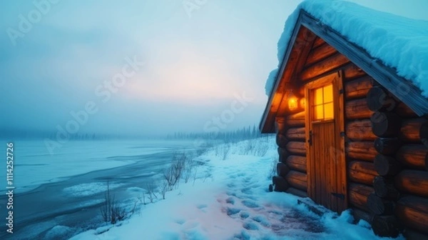 Fototapeta Cozy log cabin by frozen lake during twilight with snow-covered landscape and soft glowing light
