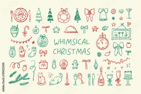 Fototapeta Whimsical christmas set in vintage retro style