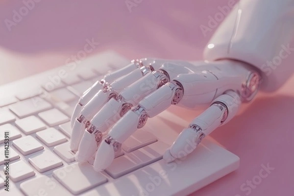 Obraz Robotic hand typing on keyboard futuristic office space digital art tech environment close-up view ai concept exploration