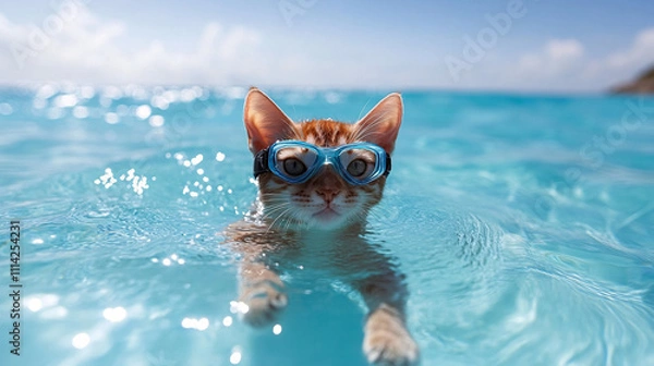 Obraz A playful cat wearing goggles swims in bright blue water under a clear sky, enjoying a fun day in the sun.