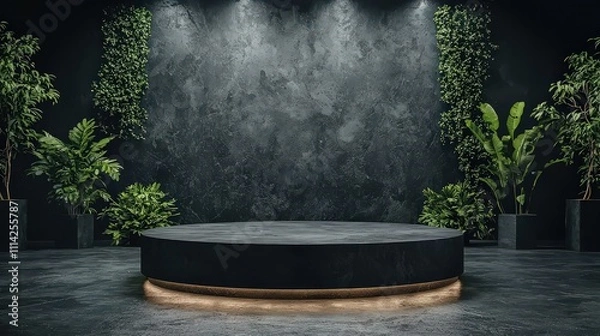 Obraz Elegant black matte podium in modern indoor space for events and presentations with lush greenery contemporary design inspiring atmosphere