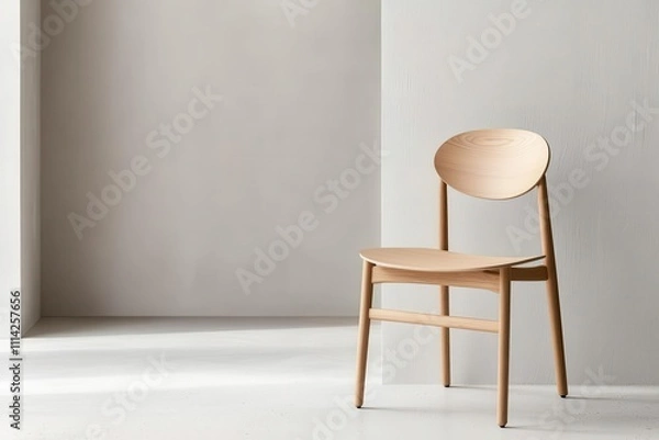 Fototapeta A minimalist wooden chair is positioned in a serene, light-filled space with smooth walls, emphasizing modern design and simplicity.