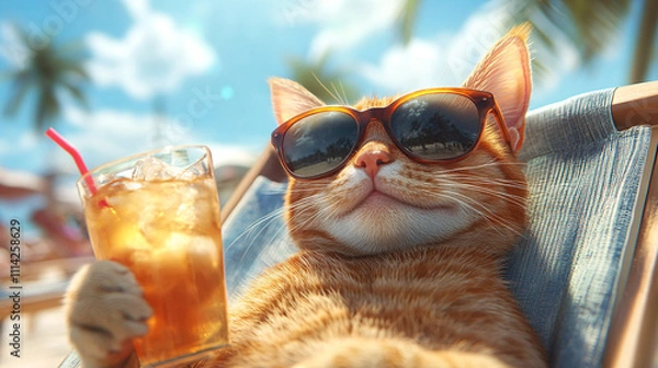 Obraz A relaxed cat in sunglasses enjoys a tropical drink, lounging under the sun with palm trees in the background.