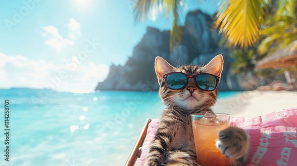 Obraz A stylish cat in sunglasses enjoys a tropical beach setting, sipping a drink while relaxing under palm trees by the water.