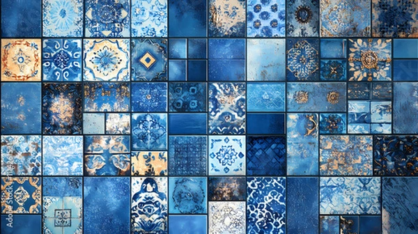 Fototapeta Blue mosaic tiles _a blue tile background with a patchwork and a shiny surface. Mosaic. Illustration