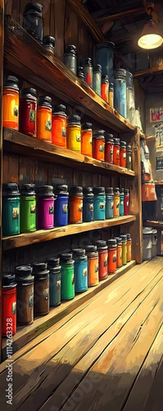 Fototapeta Colorful jars on wooden shelves in a rustic shop.
