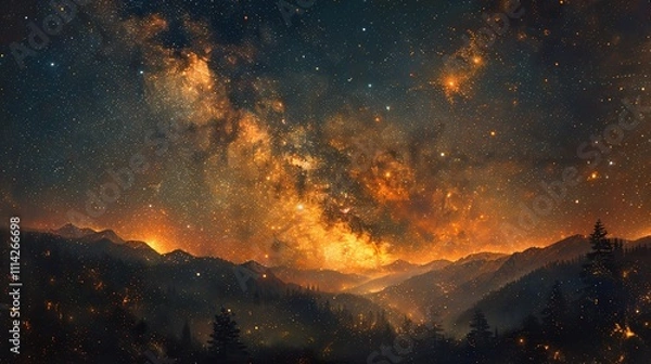 Fototapeta A deep, rich oil painting of a starry night sky, with the Milky Way stretching across the heavens. The stars seem to glow against the dark backdrop, with a faint silhouette of a distant mountain range