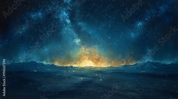 Obraz A deep, rich oil painting of a starry night sky, with the Milky Way stretching across the heavens. The stars seem to glow against the dark backdrop, with a faint silhouette of a distant mountain range