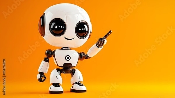 Fototapeta Adorable White Robot with Big Eyes and Smiling Face Pointing Upward, Solid Soft Orange Background for Tech-Themed Visuals