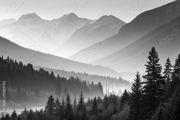 Fototapeta Serene Monochrome Vista Misty Mountain Ranges and Silhouetted Coniferous Forest