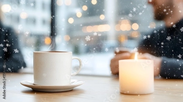 Fototapeta A cozy cafe with tourists sipping hot chocolate while watching snowflakes through large windows