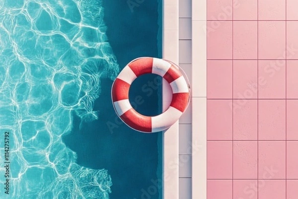 Obraz Red and White Life Preserver on Pink-Tiled Outdoor Pool. Minimalist Flat Lay with 3D Rendering Effect.