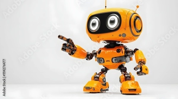 Fototapeta Cute Orange Robot with Bright Eyes and Joyful Expression Pointing Leftward, Solid Light Gray Background for AI Product Placement