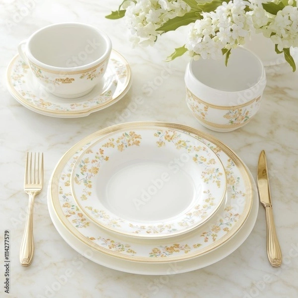 Fototapeta A luxurious flat-lay of festive tableware with sale messages subtly etched into gold-plated utensils