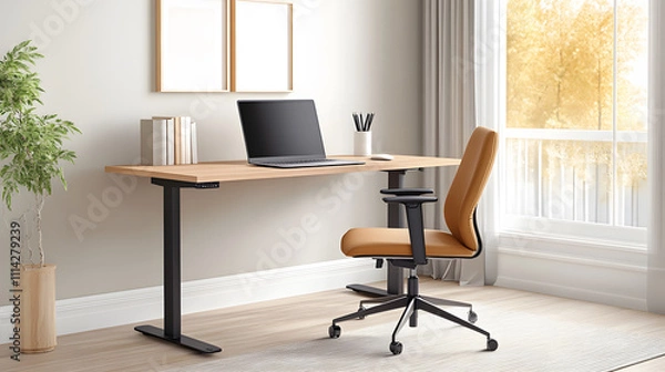 Fototapeta A home office setup featuring a clean desk with a laptop, wireless mouse, and modern decor