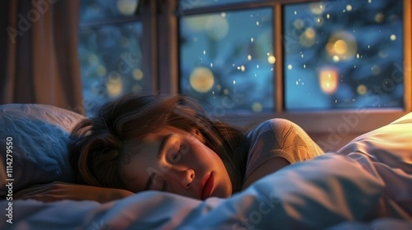 Fototapeta Peaceful Sleep by a Winter Window with Snow Falling