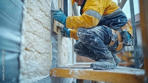 Fototapeta Worker Applying Insulation To Exterior Wall