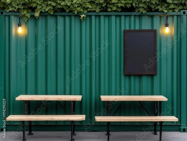 Fototapeta Vintagestyle green container burger joint, oldfashioned lightbulb signage, wooden picnic tables, quiet side street, warm summer day