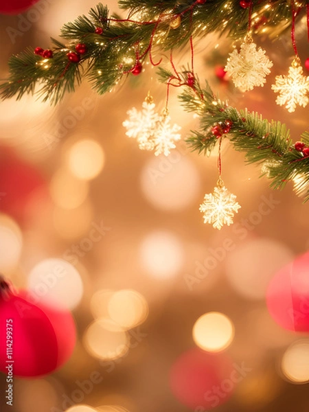 Fototapeta 부드럽고 흐릿한 황금빛 보케 배경에 반짝이는 크리스마스 조명이 있습니다. 전면에는 섬세한 빨간색, 녹색, 금색 장식이 보이지 않는 끈에 부드럽게 매달려 있으며, 이미지 전체에 은은한 눈송이가 몇 개 떠 있습니다.