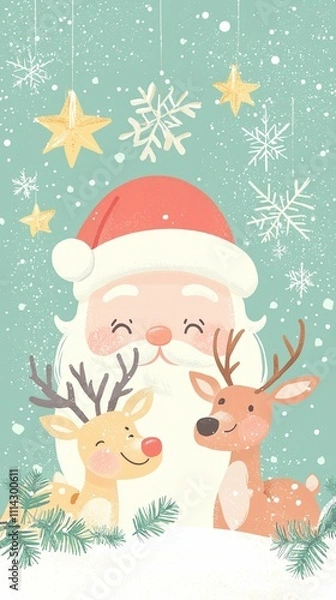 Obraz Cheerful Santa Claus with Two Cute Reindeer Surrounded by Snowflakes and Stars for a Festive Holiday Theme in Bright Colors