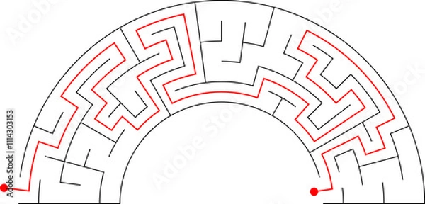 Fototapeta Maze inside the shape of rainbow. Beautiful red, yellow, blue, green and purple labirinth with entrance and exit. Solution included. Nice game for children