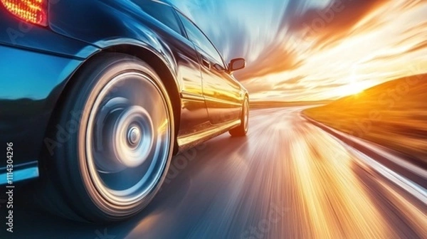 Fototapeta A modern car dynamically positioned on a winding road with motion blur, showcasing speed and power."